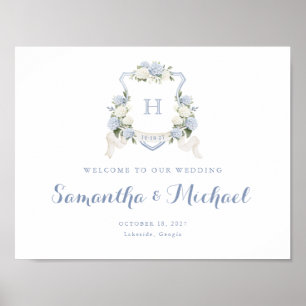 Floral Blue Hydrangea Crest Monogram Welcome Sign