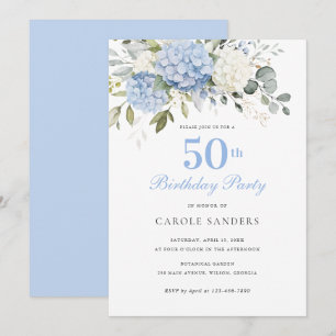 Floral Blue Hydrangea Greenery 50th Birthday Party Invitation