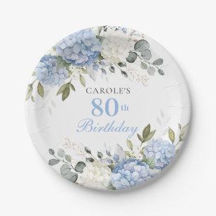 Floral Blue Hydrangea Greenery 80th Birthday Party Paper Plate