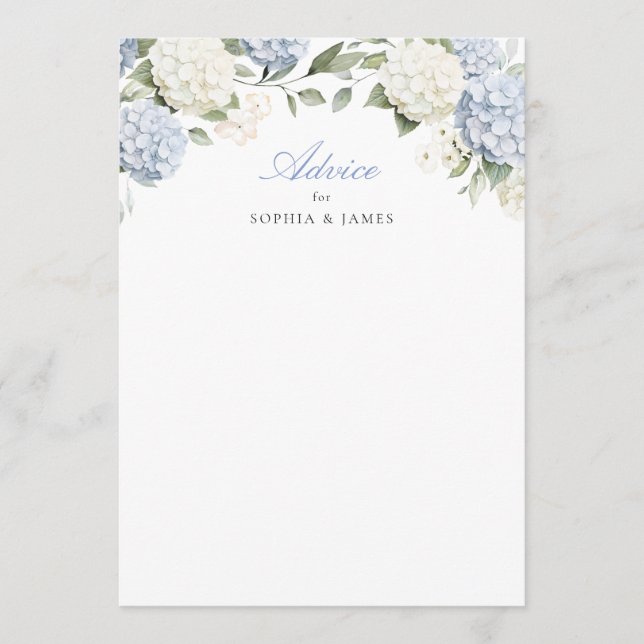 Floral Blue Hydrangea Greenery Wedding Advice Card (Front)
