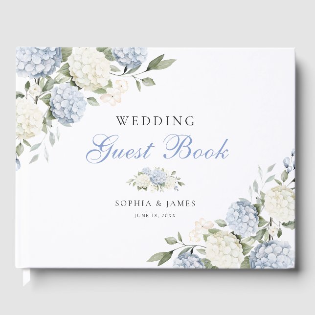 Floral Blue Hydrangea Greenery Wedding Guest Book (Front)