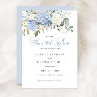 Floral Blue Hydrangea Greenery Wedding Save Date Invitation