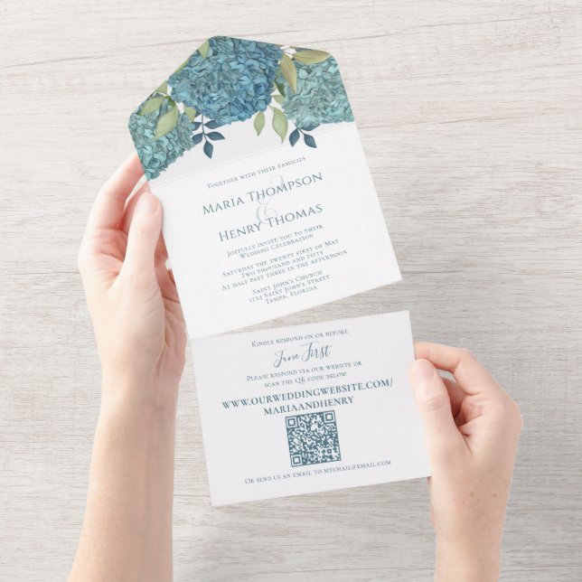 Floral Blue Hydrangea QR Code Guest Addressed  All In One Invitation (Tearaway)