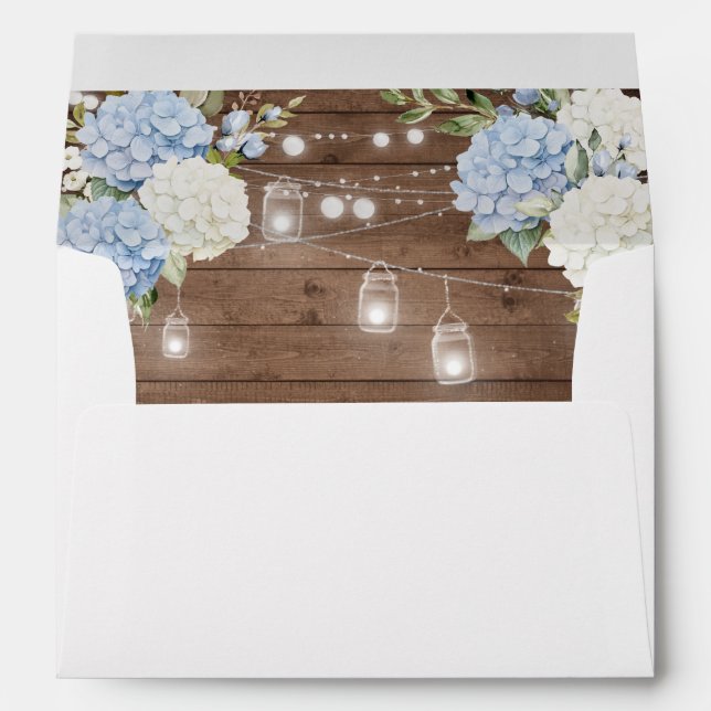 Floral Blue Hydrangea String Lights Wedding Envelope (Back (Bottom))