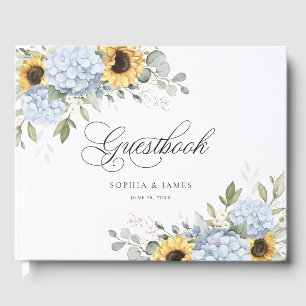 Floral Blue Hydrangea Sunflowers Greenery Wedding Guest Book