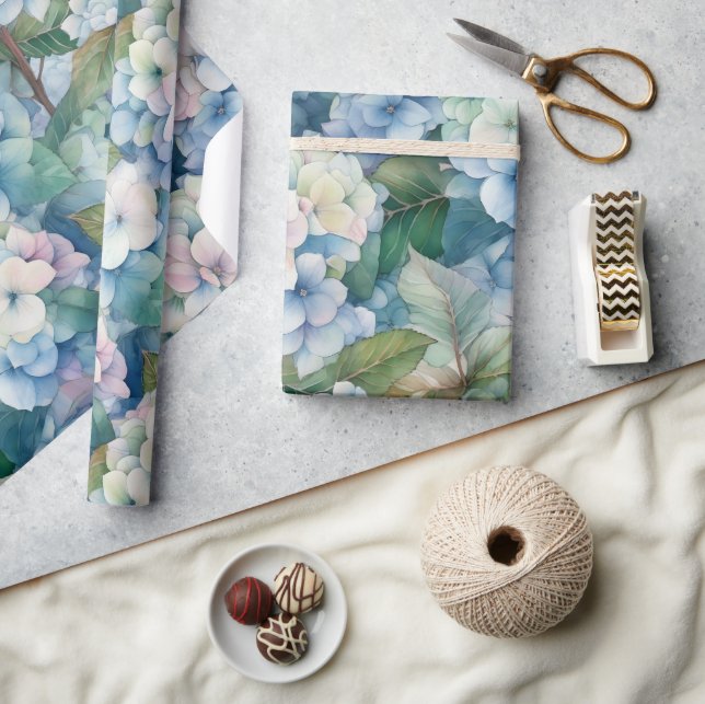 Floral Blue Hydrangea Watercolor Wrapping Paper (Crafts)