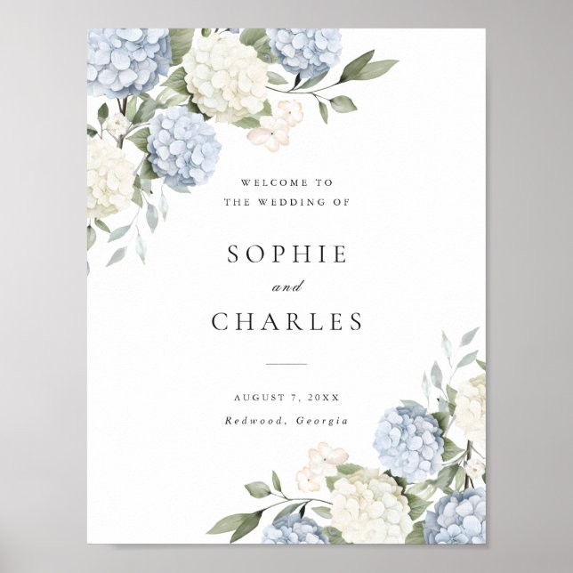 Floral Blue Hydrangea Wedding Welcome Sign Poster (Front)