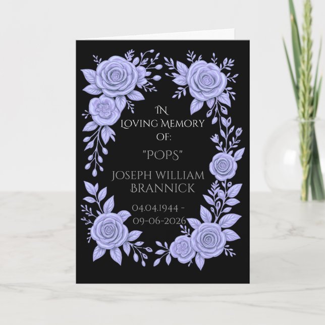 FLORAL BLUE. IN LOVING MEMORY KEEPSAKE, CARD (Front)