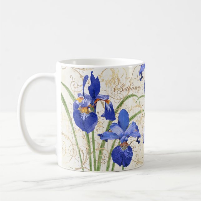 Floral Blue Iris Gold Damask Monogram Name Coffee Mug (Left)