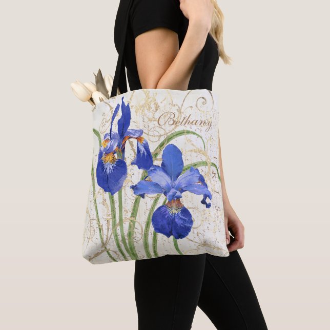 Floral Blue Iris Gold Damask Monogram Name Tote Bag (Close Up)