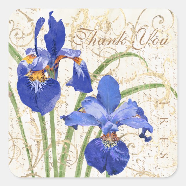 Floral Blue Iris Gold Damask Thank You Square Sticker (Front)