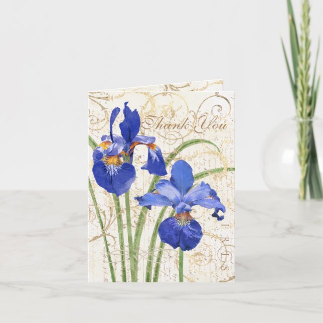 Floral Blue Iris Gold Damask White Thank You Card (Front)