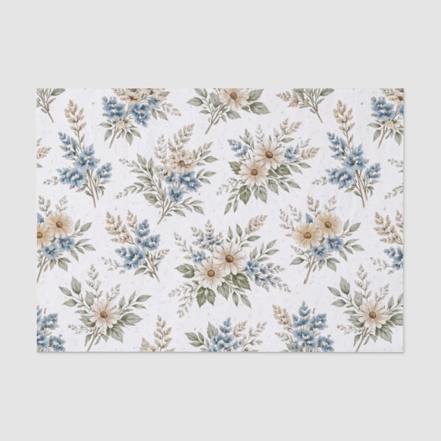 Floral Blue Ivory Meadow Pattern Tissue Paper (Front)