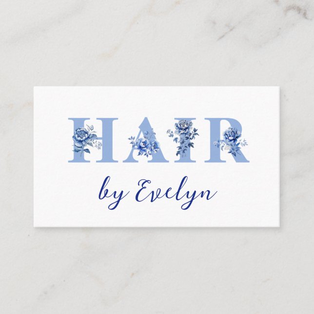 Floral Blue Letters Hair Business Card (Front)