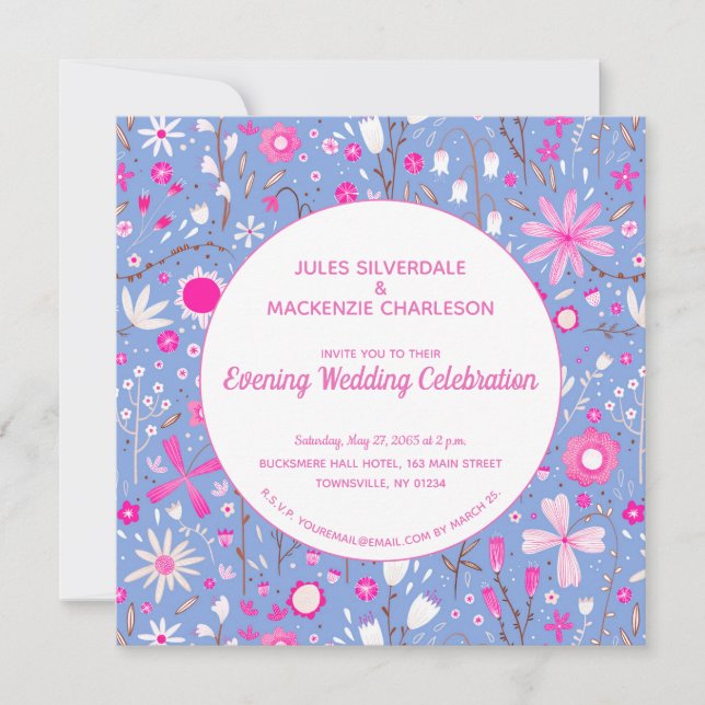 Floral Blue Modern Evening Wedding Invitation (Front)