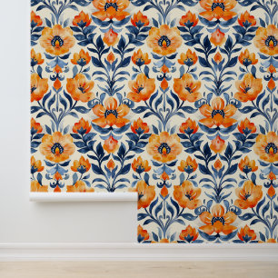Floral Blue Orange Watercolor Peel and Stick Wallpaper