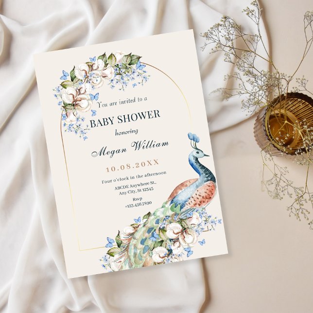 Floral blue peacock bird baby shower invitation (Creator Uploaded)