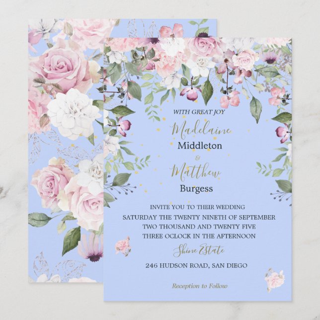  Floral Blue Periwinkle Gold Pink Wedding  Invitation (Front/Back)