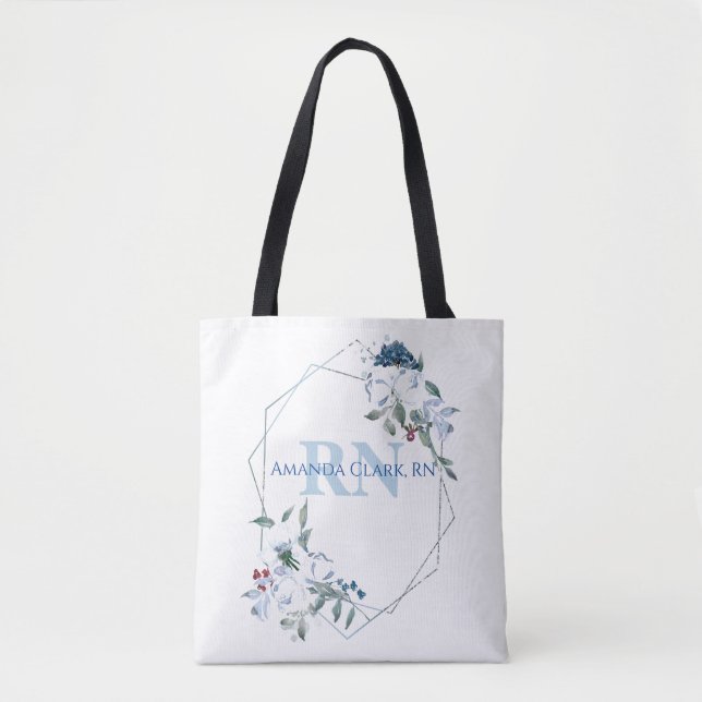 Floral Blue Personalized Monogram Tote Bag (Front)