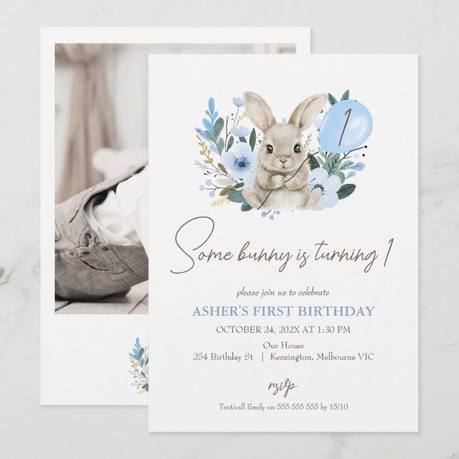 Floral Blue Photo Bunny Is Turning One Birthday Invitation (Front/Back)