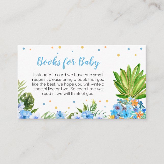 Floral Blue Pineapple Baby Shower Books for Baby Enclosure Card (Front)