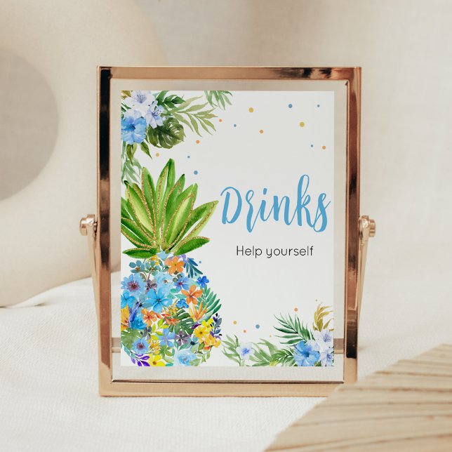 Floral Blue Pineapple Baby Shower Drinks Poster (Blue Gold Pineapple Baby Shower Drinks Sign)