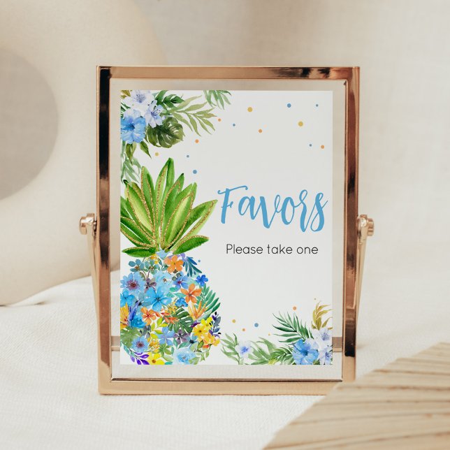 Floral Blue Pineapple Baby Shower Favours Poster (Blue Gold Pineapple Baby Shower Favors Sign)