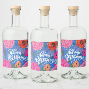 Floral Blue Pink Birthday Party Liquor Bottle Label