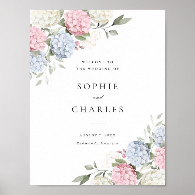 Floral Blue & Pink Hydrangea Wedding Welcome Poster (Front)