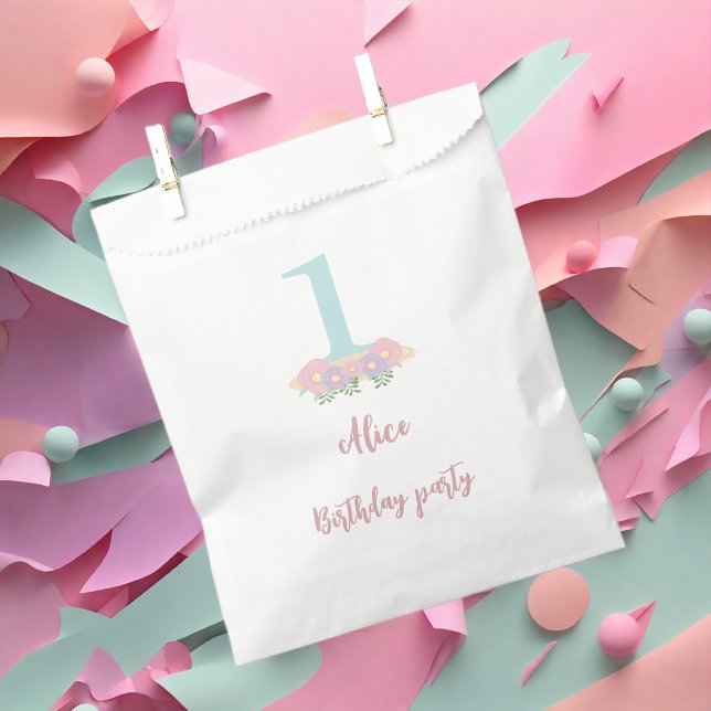 Floral blue, pink pastel 1st Birthday party Favour Bag (Creator Uploaded)