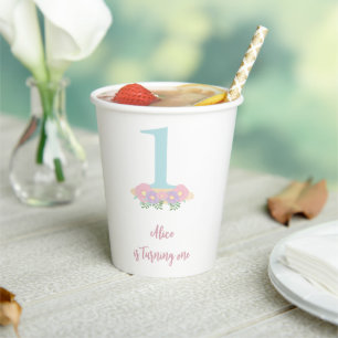 Floral blue, pink pastel 1st Birthday partyy Paper Cups