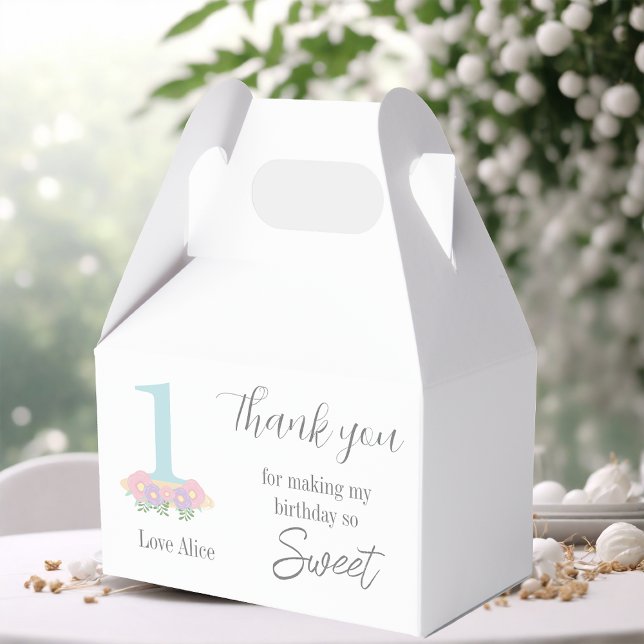 Floral blue pink pastel 1st Birthday Thank you Favor Box (Creator Uploaded)