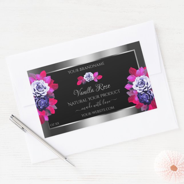 Floral Blue Pink Roses Product Labels Black Silver (Envelope)