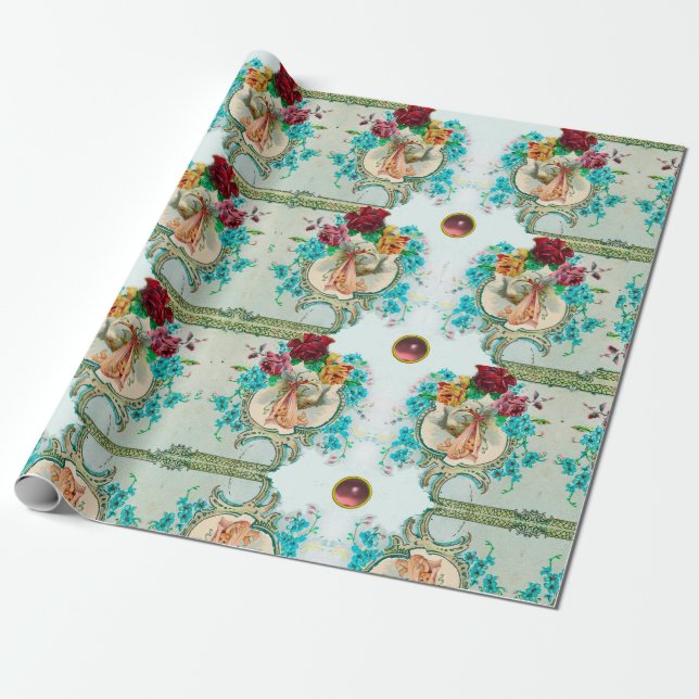 FLORAL BLUE PINK STORK GIRL BABY SHOWER AND ROSES WRAPPING PAPER (Unrolled)