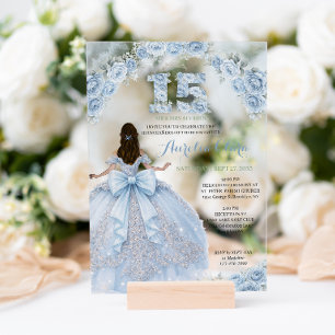 Floral Blue Princess Dress Coquette Quinceanera Acrylic Invitations
