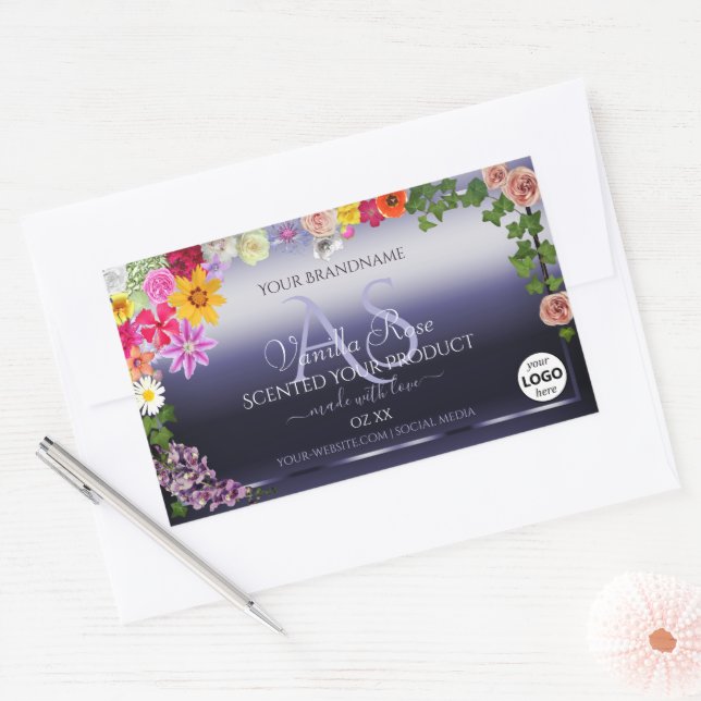 Floral Blue Product Packaging Labels Monogram Logo (Envelope)
