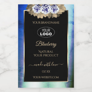 Floral Blue Roses Marble Product Labels Logo Black