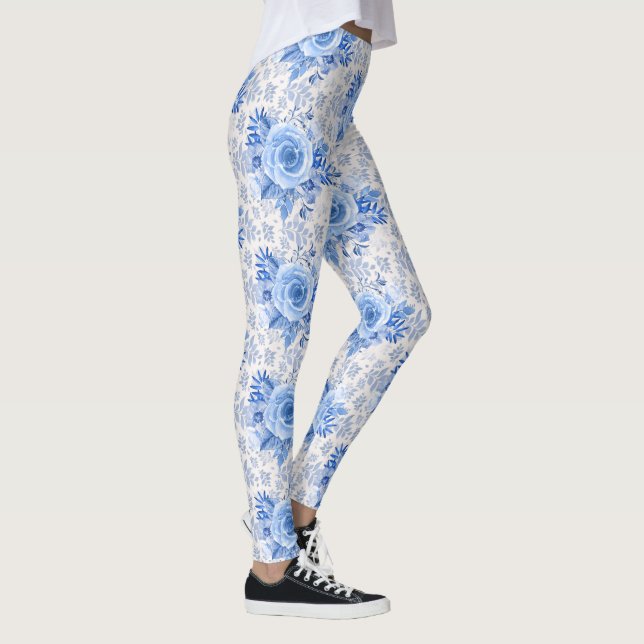 Floral Blue Roses on White Leggings Womens (Right)