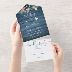 Floral Blue Rustic Wood String Lights Wedding  All In One Invitation