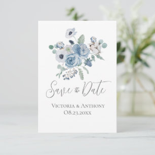 Floral Blue Script Modern Wedding Save the Date