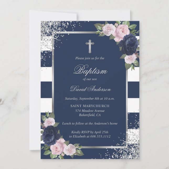 Floral Blue Silver Cross Elegant Baptism Invitation (Front)