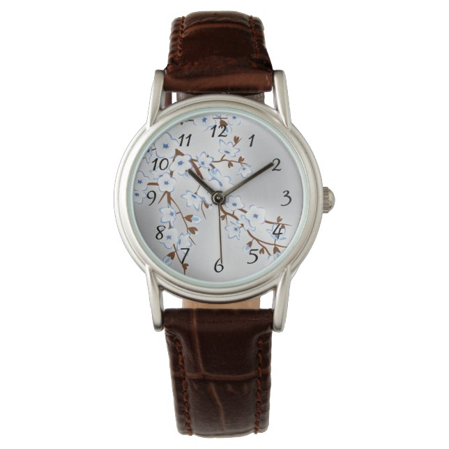 Floral Blue Silver White Cherry Blossoms Numbers Watch (Front)