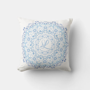 Floral Blue Simple Mandala Circle Minimalist Throw Pillow