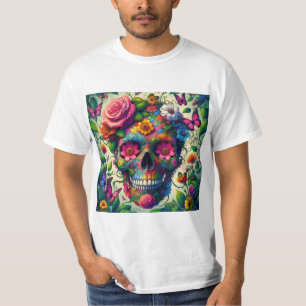 Floral Blue Skull: Vibrant Style T-Shirt