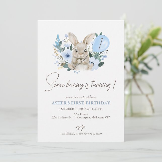 Floral Blue Some Bunny Is Turning One 1st Birthday Invitation (Standing Front)