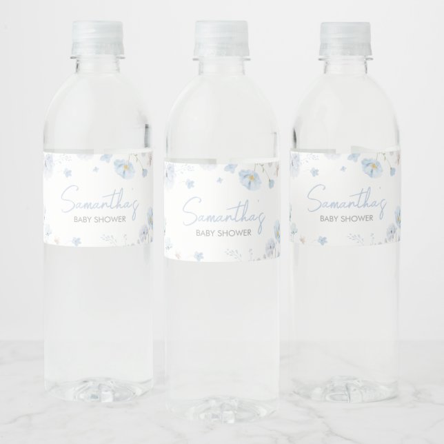 Floral Blue Spring Baby in Bloom Baby Shower Water Bottle Label (Bottles)