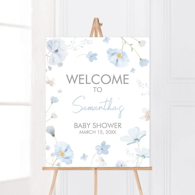 Floral Blue Spring Baby in Bloom Welcome Poster (Blue Spring Floral Baby in Bloom Baby Shower Welcome Sign)