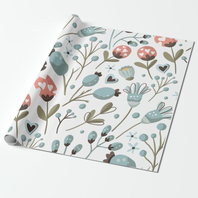 Floral Blue Spring Pattern Wedding  Wrapping Paper (Unrolled)