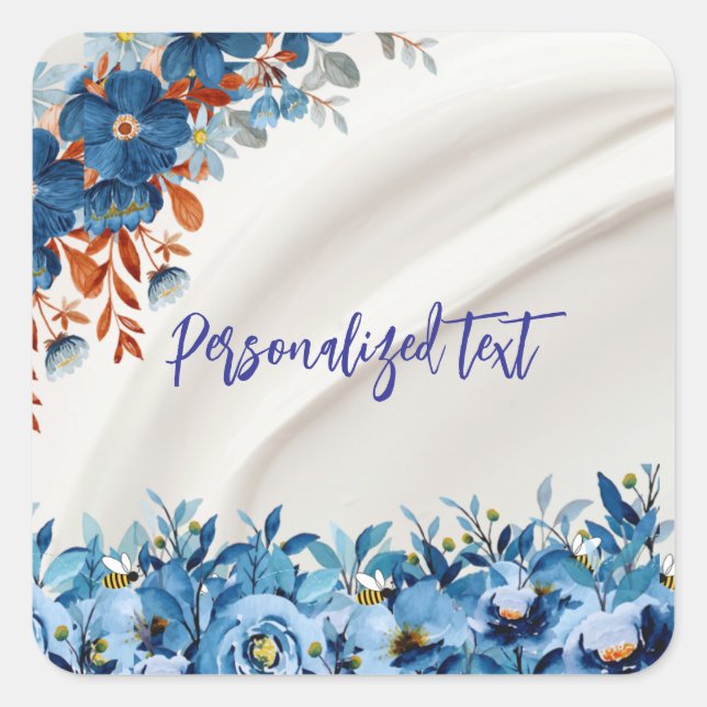 Floral Blue Square Sticker (Front)