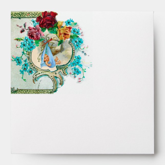 FLORAL BLUE STORK BABY SHOWER PINK ROSES FLOWERS ENVELOPES (Front)